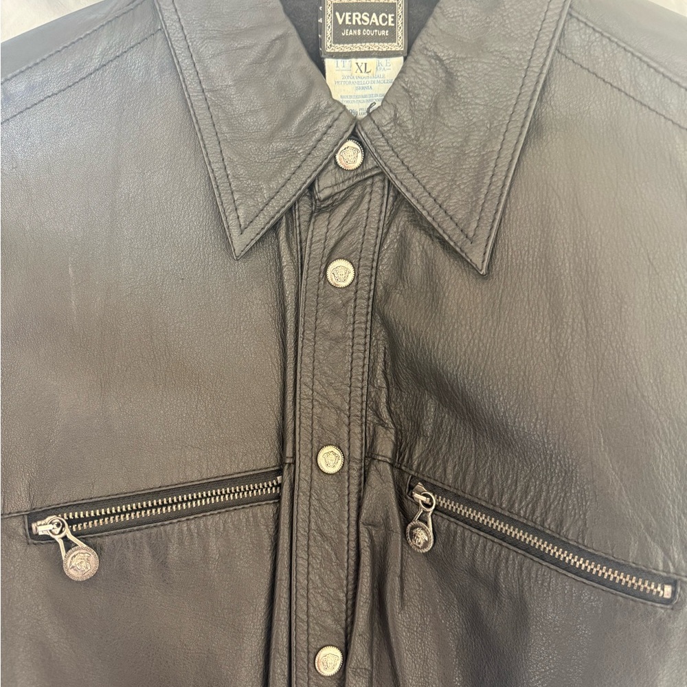 Vintage Versace Jeans Collection Black Leather Zip Pocket Shirt Jacket